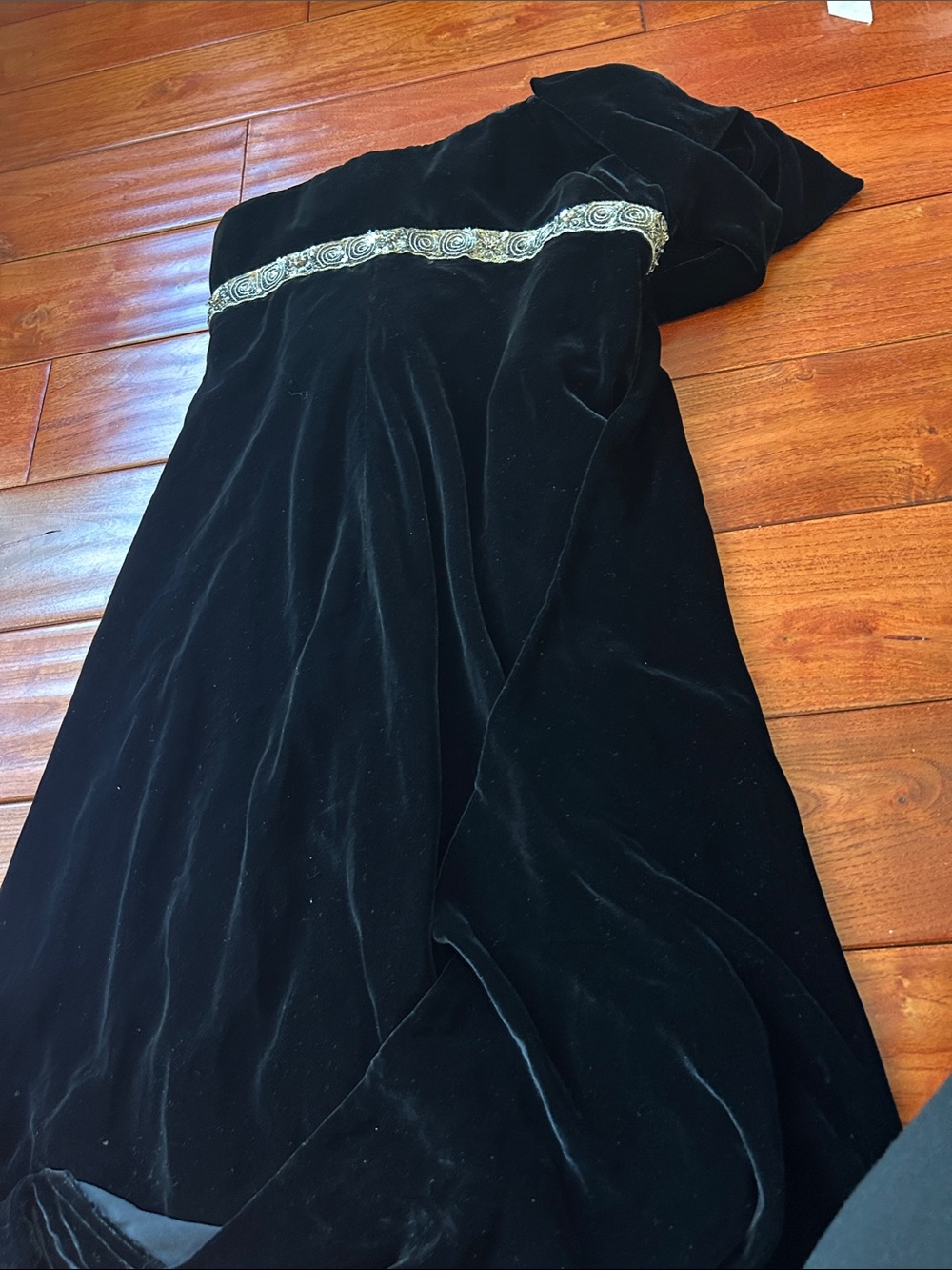 Marchesa Black Velvet Maxi Dress with Gold Embellished Waistband